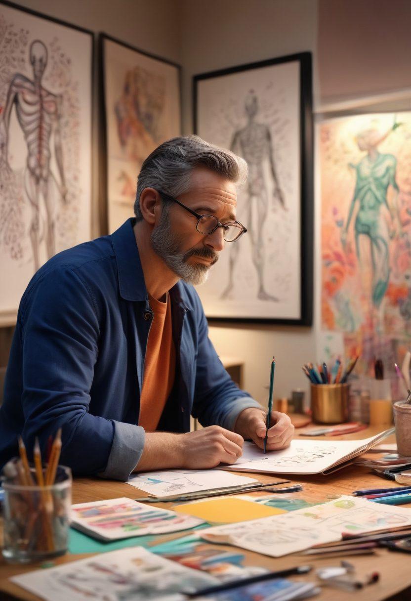 A visually striking scene depicting a thoughtful adult animation artist sketching characters in a vibrant studio, with healthcare ethics symbols like a caduceus and a balance scale subtly integrated into the artwork. Soft lighting enhances the focus on the artist's contemplative expression, emphasizing the blend of creativity and morality. The background features posters of animated characters alongside medical illustrations, creating a harmonious intersection of the two worlds. vibrant colors. super-realistic. 3D.